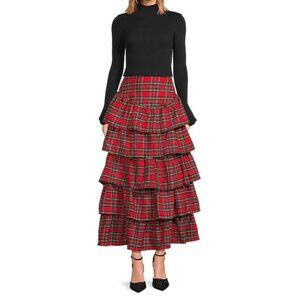 Plaid Print High Waist Ruffle Tiered Pull-On Maxi Skirt